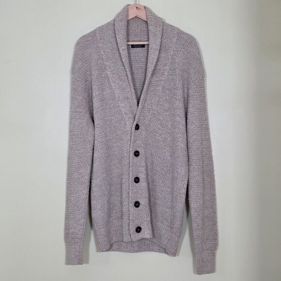 Zara Cardigan Men L Beige Marled Textured LS Shawl Collar Button Preppy Academia - Picture 1 of 14